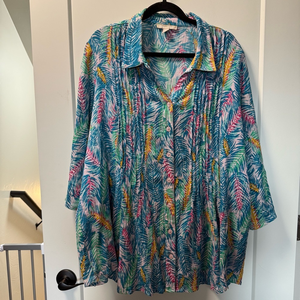 WomanWithin Oversized Tunic Top Blouse Button Front Tropical Colorful 1/2 Sleeve